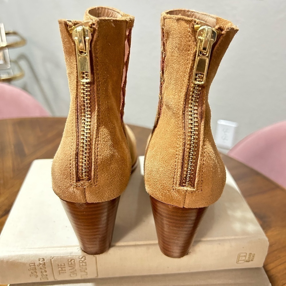 Anthropologie Camel Suede Sheer Side Ankle Boots - Picture 8 of 9